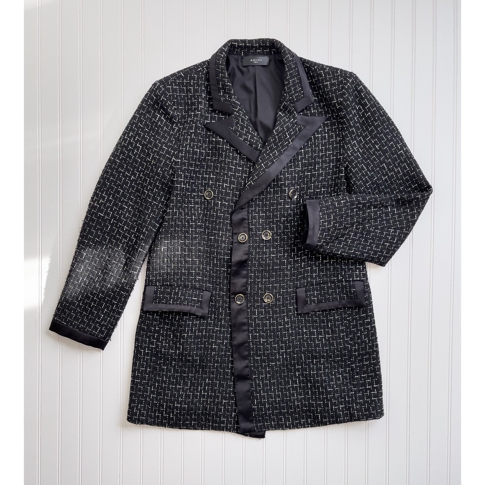 AMIRI Black White Cotton Boucle Double Breasted Coat Size 44 XL $1790